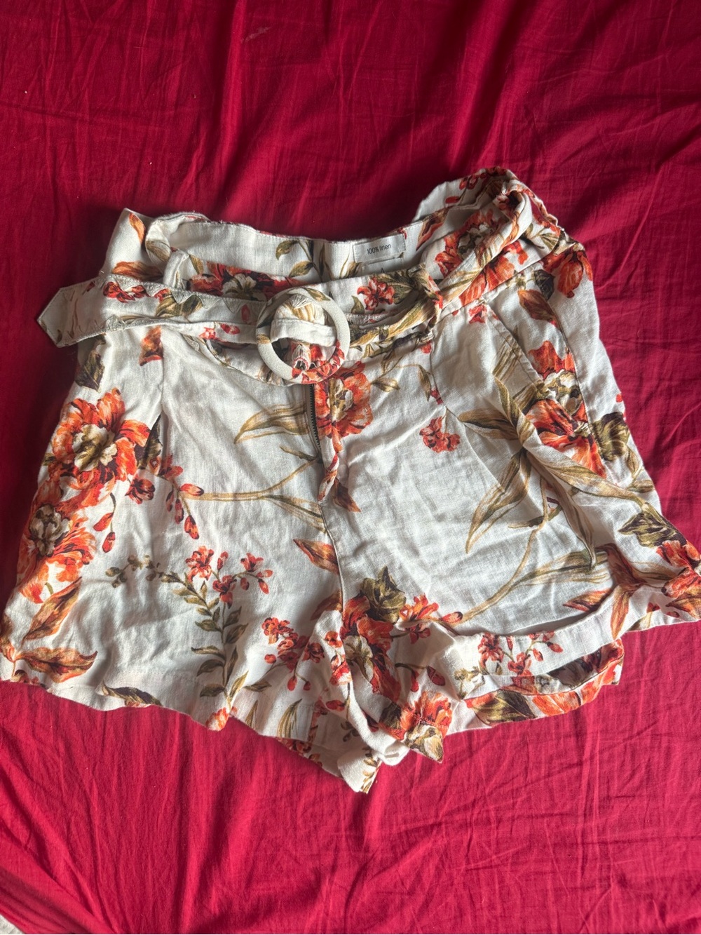 Joie White Floral High-Waist Tie-Belt Shorts with Orange Blooms